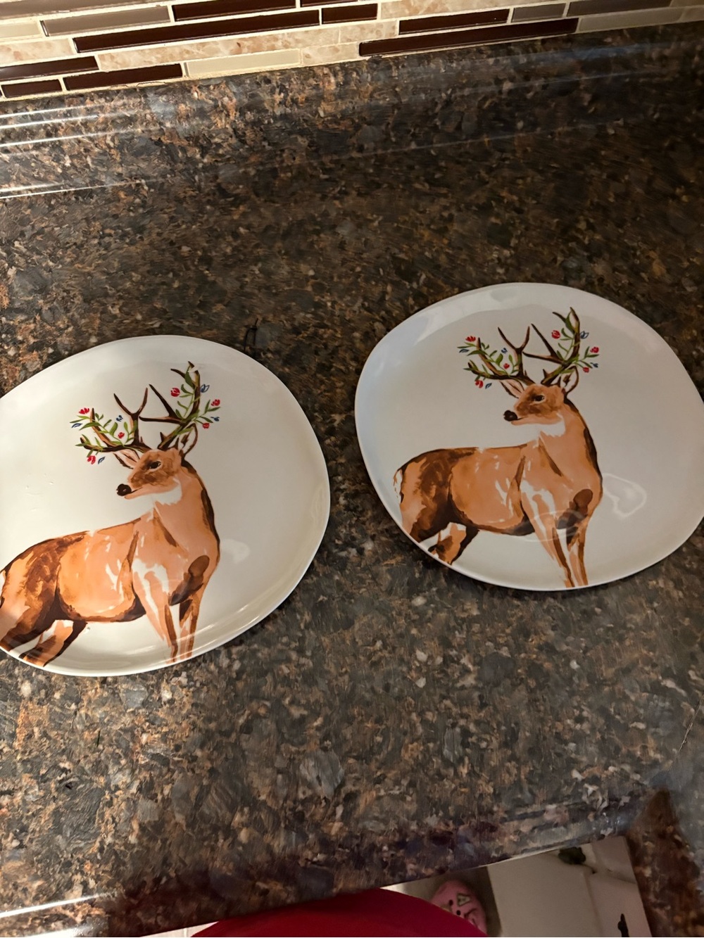Deer Antler Accent Dinner Plates - Set of 2, White with Brown Deer-